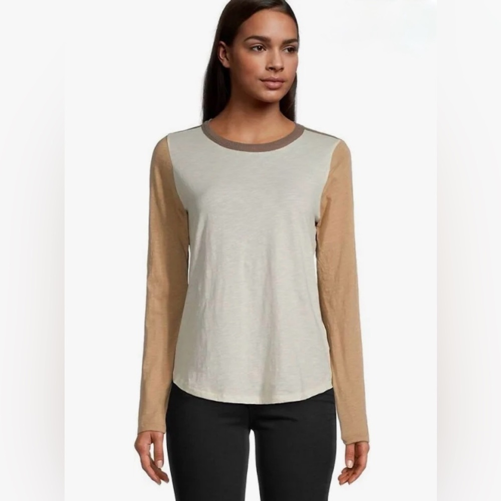 Madewell Colorblock Whisper Cotton Crewneck Long Sleeve T-Shirt in Beige Medium